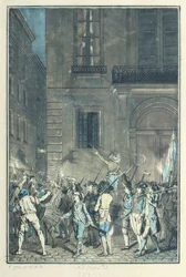 La foule parcourant les rues de Paris avec des torches la nuit en juillet 1789